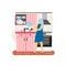 Young woman dishwasher washing dishes in kitchen, flat vector illustration. Home cleaning and dishwashing services.