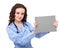 Young woman doctor showing empty blank clipboard sign with copy space