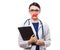 Young woman doctor with stethoscope holding clipboard in her hands with taped lips in white uniform on white background