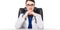 Young woman doctor with stethoscope sitting on the desk at medical office in white uniform on white background