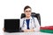 Young woman doctor with stethoscope sitting on the desk at medical office in white uniform on white background