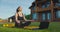 Young woman does yoga exercises using laptop in the backyard against the background of country house. Slow motion