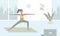 Young woman doing yoga, fitness at home on mat. Girl watches online lesson on laptop and performs sports exercises, yoga. Vector