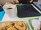 A young woman drank a glass of coffee accompanied by snacks during breaks during work time