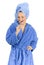 Young woman dressed blue bathrobe brushing teeth