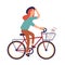 Young woman dressed in casual clothes riding bike. Cute hipster girl on bicycle with dog sitting in basket. Pedaling