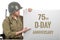 Young woman dressed in us wwii military uniform with helmet showing signboard with d-day anniversary