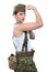 Young woman dressed in wwii military uniform show her biceps