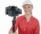 Young woman with dslr video stabilizer, on white