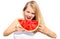 Young Woman eating big slice Watermelon Berry