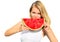 Young Woman eating big slice Watermelon Berry fresh