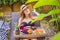 Young woman eating breakfast in a lounge chair on a tray with fruit, buns, avocado sandwiches, smoothie bowl by the pool