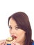 Young Woman Eating Crumpet with Chocolate Spread and Banana