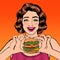 Young Woman Eating Hamburger. Woman Holding Burger. Pop Art