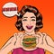 Young Woman Eating Hamburger. Woman Holding Burger. Pop Art