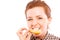 Young woman eating sour lemon, making grimace