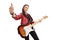 Young woman with an electric guitar showing thumbs up