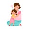 Young Woman Embracing Her Little Daughter Vector Illustration