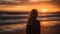 Young woman enjoys carefree vacation, looking at serene sunset silhouette generated by AI