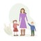 A young woman of European appearance with two children. The son and daughter hold the mother`s hand. The concept of motherhood and