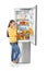 Young woman with expired cheese near open refrigerator