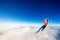 Young woman falling down from space in clouds sea.