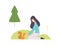 Young Woman Feeding Squirrel in Summer Park, Girl Relaxing and Enjoying Nature Outdoors Vector Illustration