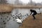 A young woman feeds ducks and swans