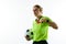 Young woman, female soccer referee holding ball, stopping game and showing red card against white studio background