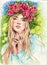 Young woman with floral wreath watercolor illustration