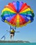 Young woman flying high parasailing