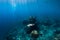 Young woman free diver glides with fins near underwater temple. Freediving in blue ocean