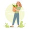 Young Woman full length holding eco vegetables in grocery paper bag. Vegan girl eat organic products. Zero waste concept