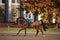 Young woman galloping on brown horse