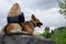 A young woman with a German Shepherd sits on a large granite stone by the lake on a cloudy spring day. Young woman relaxing with