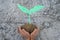 Young woman gesturing holding a drawing of a small tree on the ground in their hands. Concept of world environment day