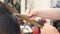 Young woman getting her hair dressed in hair salon. Closeup. Hairdresser cutting split ends on long hair with scissors