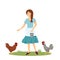 Young woman or girl farmer feeds the roosters with poultry grain. The girl takes care of chickens, hens. The female is