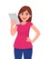 Young woman or girl holding a digital tablet computer in hand. Person using a gadget device. Female character design illustration.