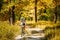 Young woman girl mountain Bike cyclist riding track at sunny day