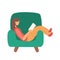 Young woman girl sitting on an armchair in home clothes is reading a book. what to do in quarantine. flat vector cartoon