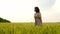 A young woman among the green ears of wheat in the field. Beautiful carefree woman enjoying nature in wheat field.