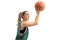 Young woman in a green jersey throwing a basketball