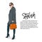 Young woman in grey coat and over knee boots with orange handbag illustration. Fashoin business outlook. Stylish girl