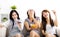 young woman group eating snacks and watching the tv