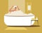 Young Woman Hair Washing In Bath, Flat Vector Stock Illustration With Shampooing As Hair Care Or Washing In Bath With Bubbles