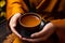 Young woman hands holding aromatic teacup cup of masala chai tea hot steaming beverage morning comfy comfortable