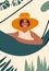 Young woman in a hat reclining in coastal hammocks, savoring sunny and alfresco. Relishing leisure moments or staying