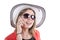 Young woman with a hat and sunglasses phone