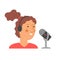 Young woman with headphone and microphone broadcasting vector illustration.